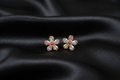 Rose Gold Multicolour Flower CZ Stud Earrings on Black Silk