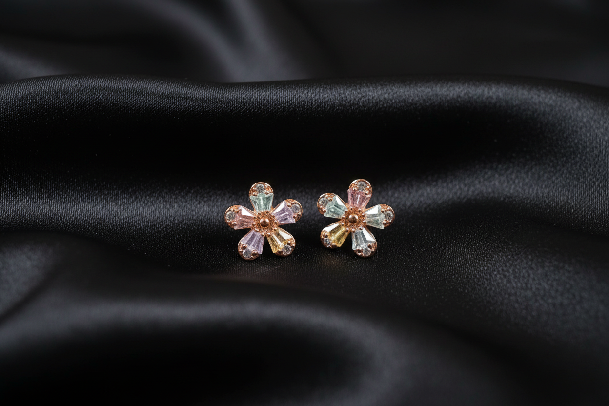 Rose Gold Multicolour Flower CZ Stud Earrings on Black Silk
