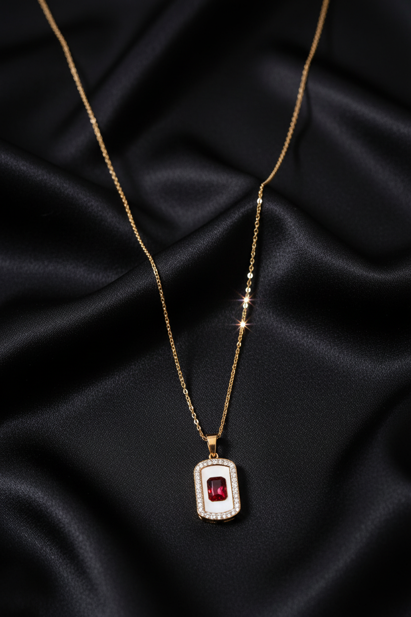 Ruby Red CZ Pendant Necklace on Black Silk