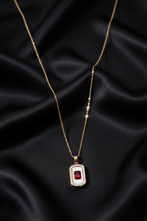 Ruby Red CZ Pendant Necklace on Black Silk