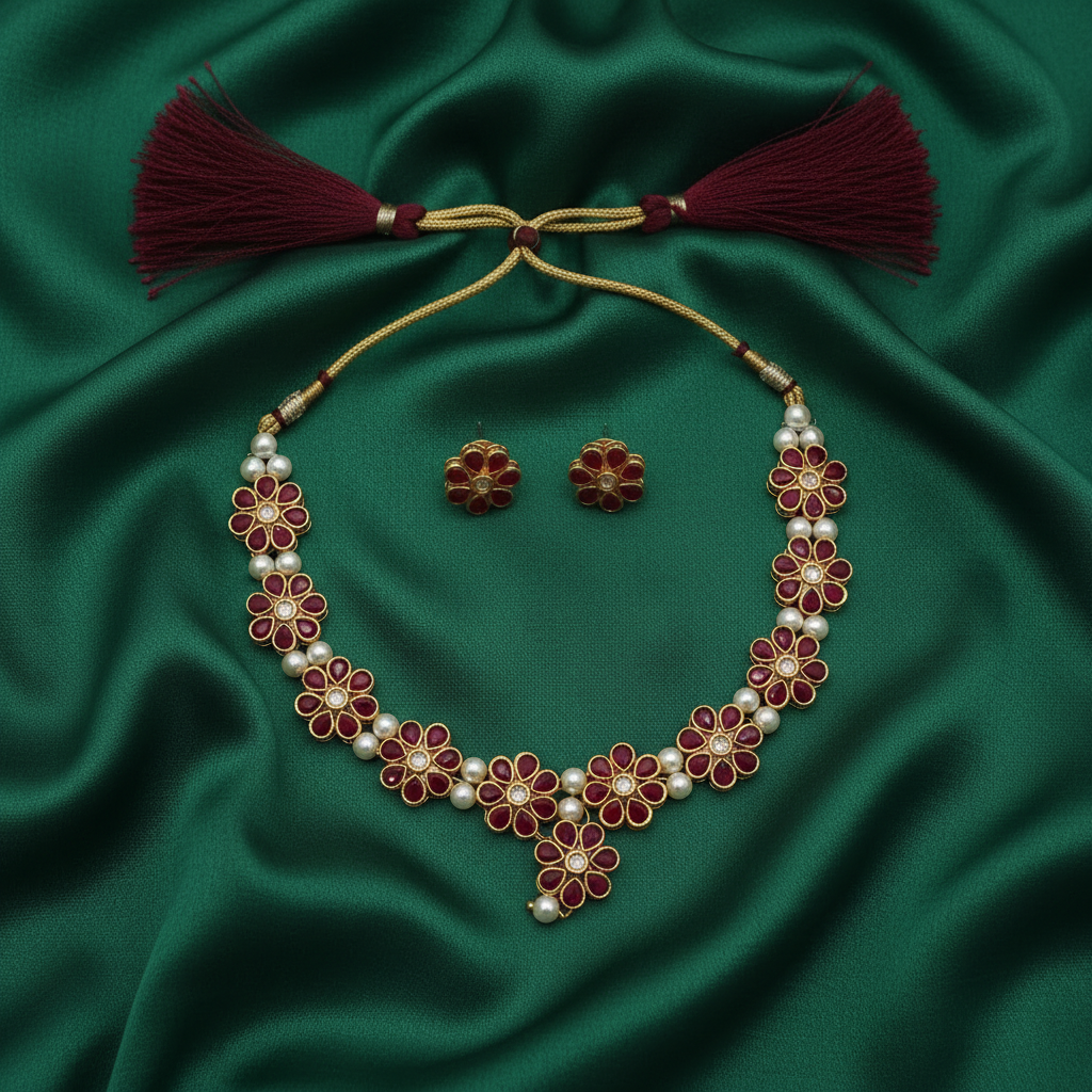 Ruby Red Floral Kundan Necklace on Green Silk