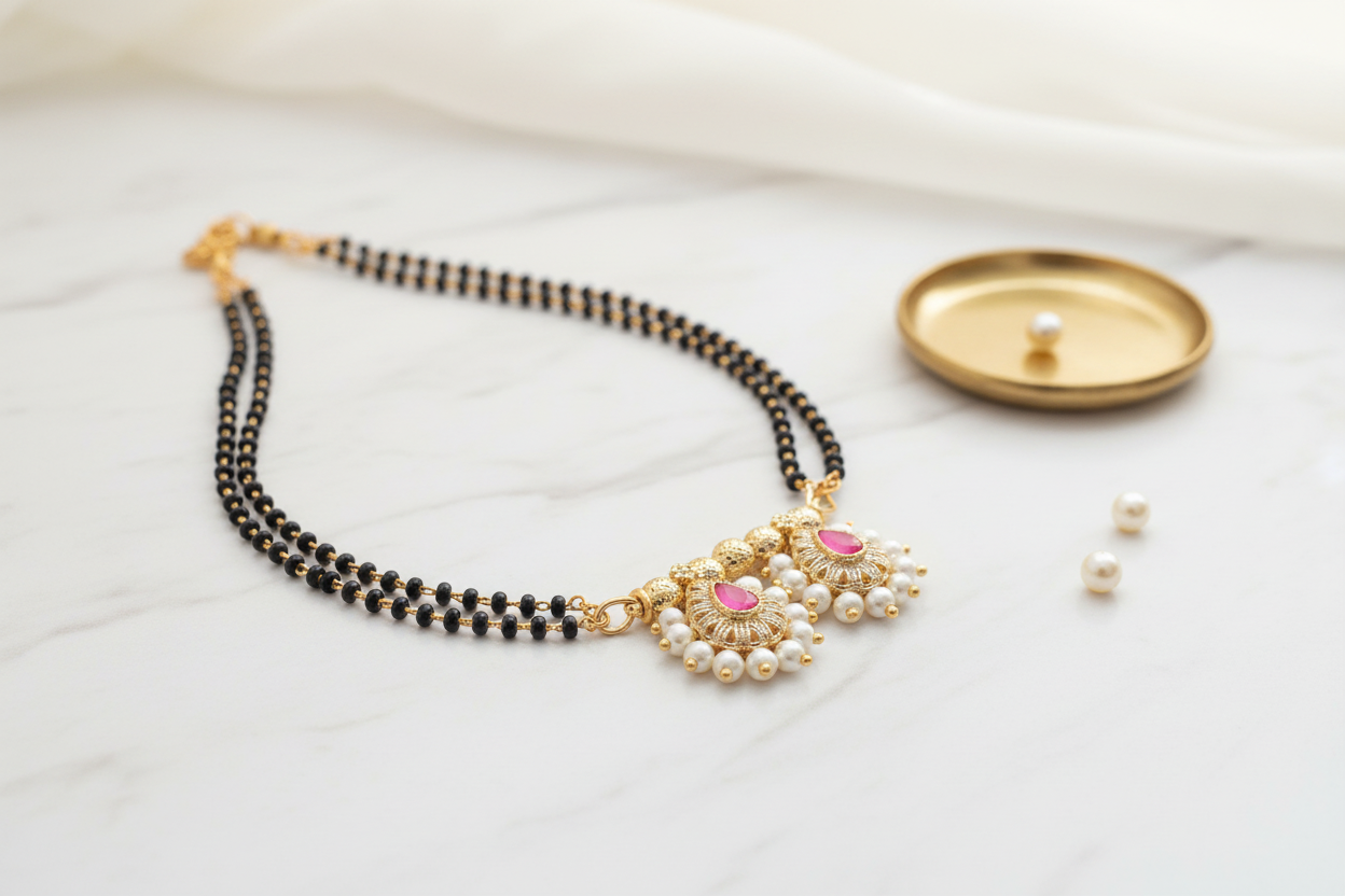 Short Daily Wear Mangalsutra | Double Waati | Pearl, AD & Kundan Drop Pendant