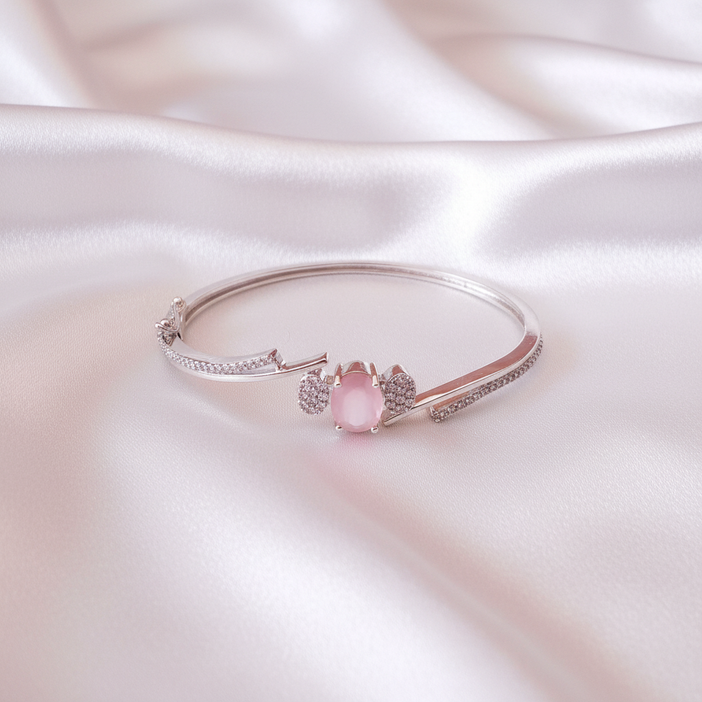 Silver Crystal Bangle with Rose Quartz on White Satin