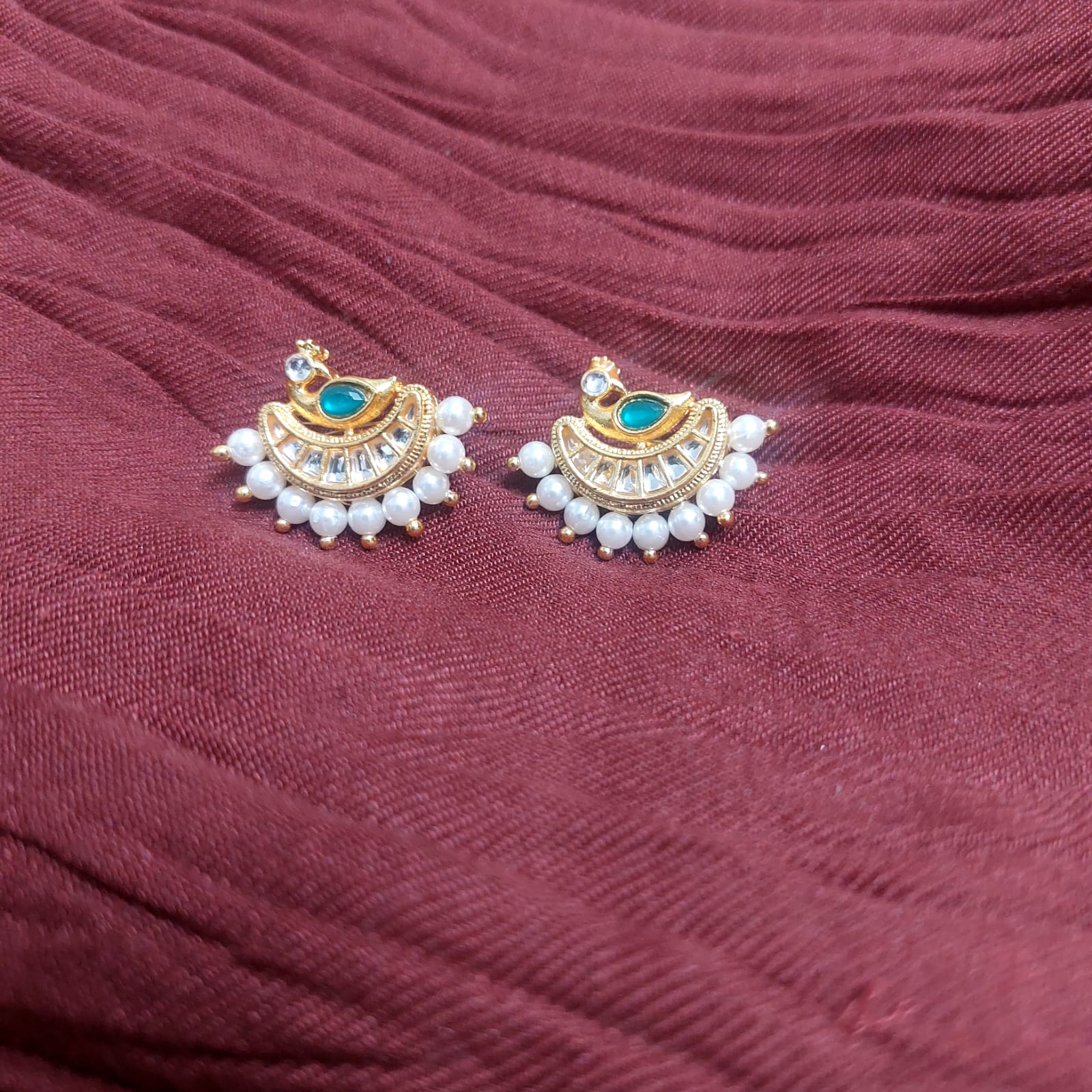 Peacock Meenakari Stud Earrings | Pearl & AD Kundan | Golden Bentex | Festive Ethnic Wear