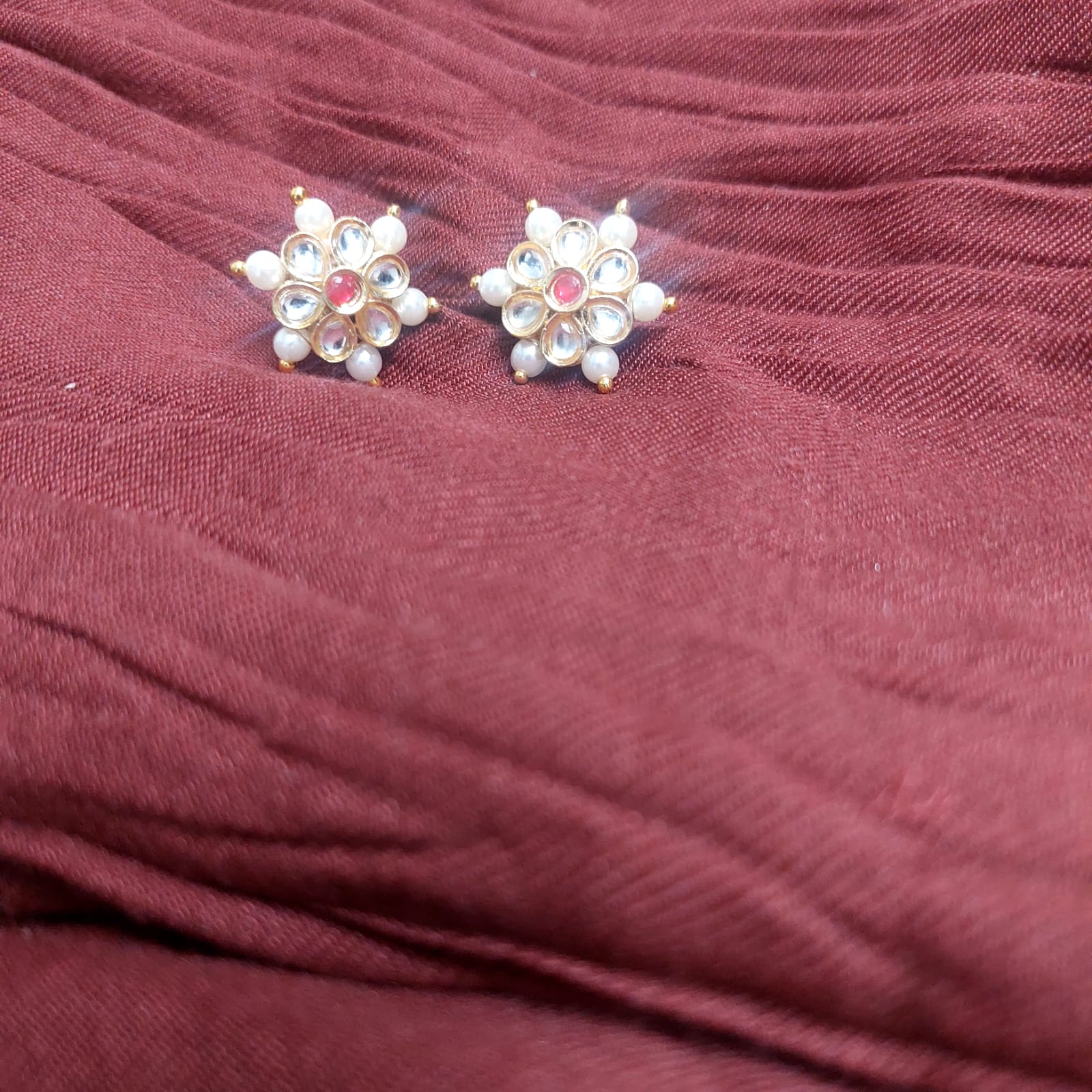 Floral Meenakari Stud Earrings | Pearl & AD Kundan | Golden Bentex | Sider & Saree Wear